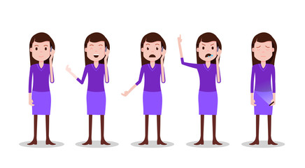 Obraz premium set teen girl character different poses and emotions phone call female template for design work and animation on white background full length flat person, vector illustration