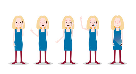 Fototapeta premium set teen blonde girl character different poses and emotions blue dress phone call female template for design work and animation on white background full length flat person, vector illustration