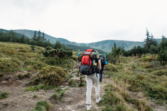 woman goes hiking with a backpack, mountains, nature, travel