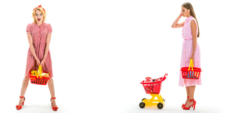 happy shopping girls with full cart. vintage housewife women going to make payment in supermarket. savings on purchases. retro women go shopping with full cart. online shopping app. Ask for advice