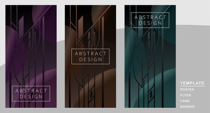 set of abstract colored geometric backgrounds with cosmic images, planets and lights in dark brown, green and purple colors