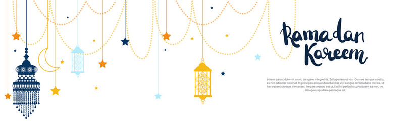 Ramadan kareem muslim religion holy month flat banner copy space vector illustration