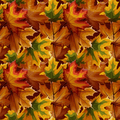 Autumn maple laves in different autumnal green, yellow, orange, red, brown colors seamless pattern on brown background.