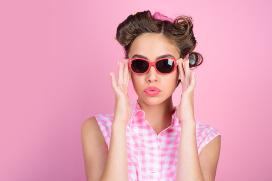 beauty salon and hairdresser. happy girl in summer glasses. Pin up girl. vintage housewife woman make hairstyle. retro woman with fashion makeup. Ambitious and beautiful. Seducing you