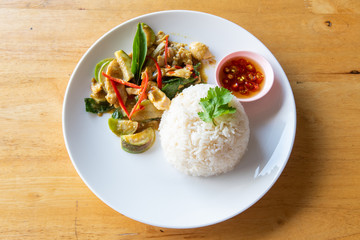 Green curry pork in coconut milk with rice.