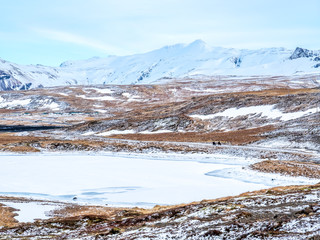 Scene view around Kirkjufell in winter, Iceland