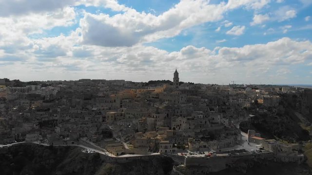 Drone flying over the picturesque and beautiful city of Matera, Italy