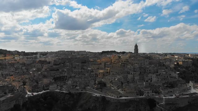 Drone flying over the picturesque and beautiful city of Matera, Italy