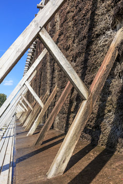 Graduation tower in Ciechocinek, Poland. It is a structure used in production of salt which removes water from a saline solution by evaporation, increasing its concentration of mineral salts