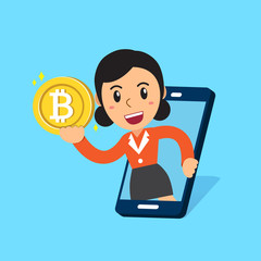 Vector cartoon cryptocurrency concept happy businesswoman with smartphone and money for design.
