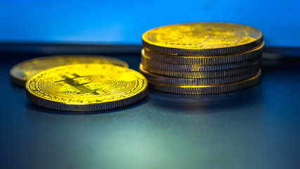 digital currency and financial concept from close up group of gold bitcoin arrange with copy space...