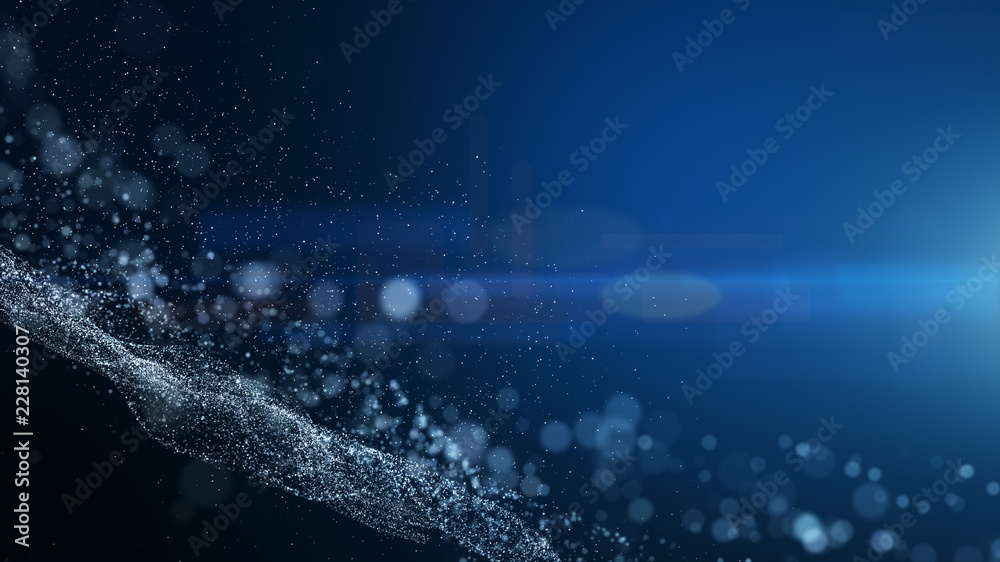 Wall mural blue background, digital signature with wave particles, sparkle, veil and space with depth of field.