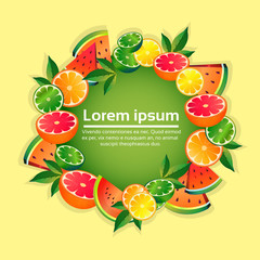 tropical fruits colorful circle copy space organic over yellow background healthy lifestyle or diet concept vector illustration
