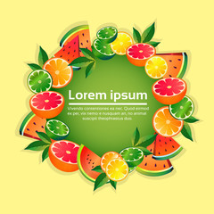 tropical fruits colorful circle copy space organic over yellow background healthy lifestyle or diet concept vector illustration
