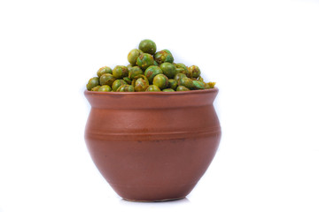 green spicy peas isolated on white background. 
