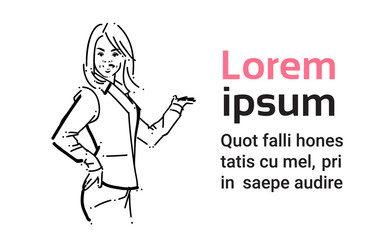 business woman hold open palm gesture concept businesswoman portrait on white background hand draw silhouette sketch vector illustration