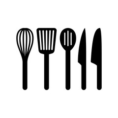 Kitchen tools vector isolated icons. Kitchenware whip, slotted spoon, spatula turner and knives silhouette set.