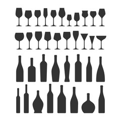 Various types wine glasses and bottles icon set. Wine glass and bottle vector black silhouette collection icons.