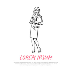 business woman holding folder concept businesswoman full length on white background hand draw silhouette sketch vector illustration