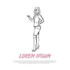 business woman hold open palm gesture concept businesswoman full length on white background hand draw silhouette sketch vector illustration