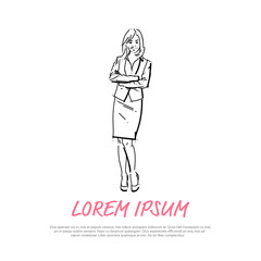business woman folded hands concept businesswoman full length on white background hand draw silhouette sketch vector illustration