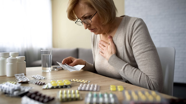 Senior Lady Feeling Unwell, Poor Quality Of Medication Dangerous Self-medication