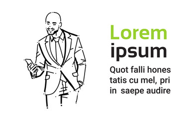 business man executive successfull end talking phone concept businessman portrait on white background hand draw silhouette sketch vector illustration