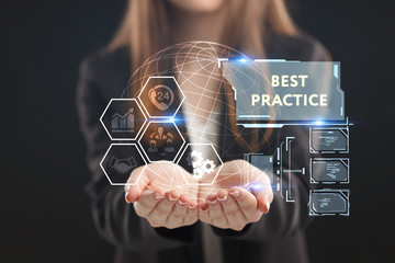 The concept of business, technology, the Internet and the network. A young entrepreneur working on a virtual screen of the future and sees the inscription: Best practice © Egor