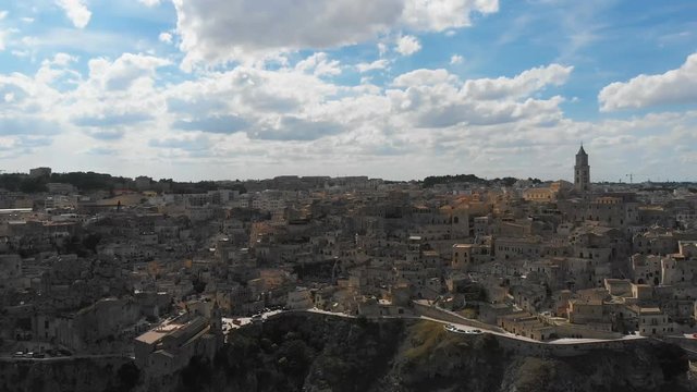 Drone flying over  Matera, European Capital of Culture 2019 italy