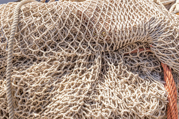 Close up view of fishing net. Fishing net background. Fishnet close up