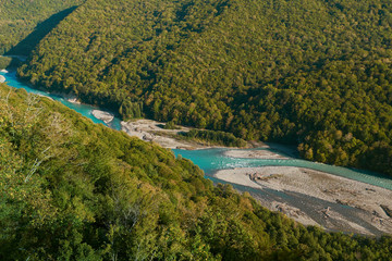 blue river Kodor landscape with green forest. Abkhazia
