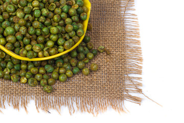 green spicy peas isolated on white background. 