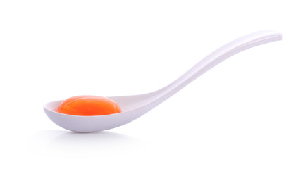 yolk with spoon on white background.