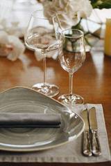 Table setting for dining at a high end wedding..