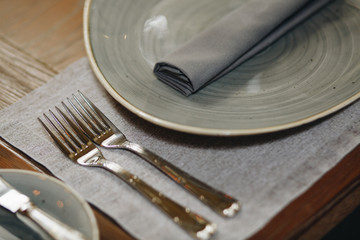 Table setting for dining at a high end wedding..