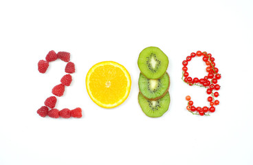 happy new year 2019 of fruit and berries on the white background.