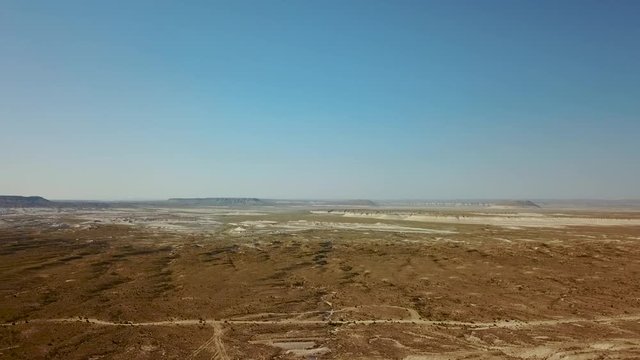 On the Ustyurt Plateau. Desert and plateau Ustyurt or Ustyurt plateau is located in the west of Central Asia, Karakalpakstan particulor in Kazakhstan, Turkmenistan and Uzbekistan. Arial dron shoot. 