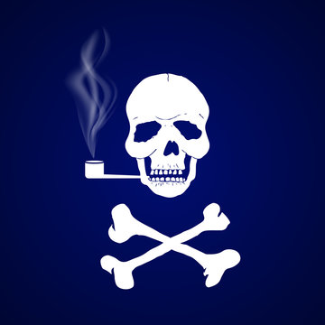 Skull with crossbones smokes a pipe on a dark background. Curls of tobacco smoke. Sign of the pirates. World No Tobacco Day. Template for card, banner, website, health portal. Vector illustration