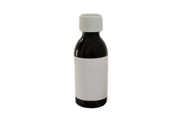 Medical bottle of dark color with white sticker side view isolate