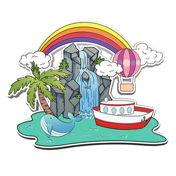 cute cartoon scenic of ocean voyage adventure isolated on white background in sticker style