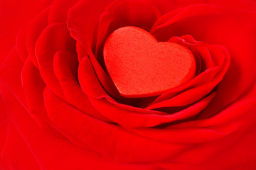 Red heart in a rose flower. Romantic background texture for a Valentine's or Wedding day greetings card with text space.