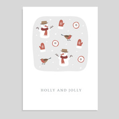 Cute Holly and Jolly Christmas greeting card, invitation with snowmen, finch birds, glowes, sliced apples and falling snow. Hand drawn kids nordic design. Vector illustration background.