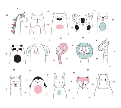 doodle animals set, vector illustration