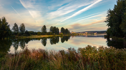 Sunset at Tsna reservoir shore near Tsna village, Minsk, Belarus.