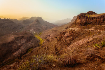 Sunset mountain view at Degollada de Las Yeguas, Gran Canaria island, Canary Islands, Spain.