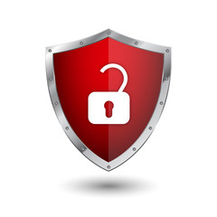 Steel shield icon not protected lock on white background