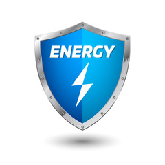 Steel shield icon blue energy on white background
