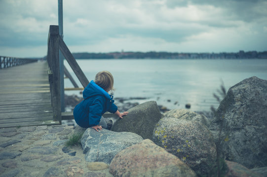 Little toddler playing on pier in autumn