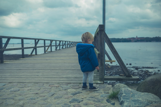 Little toddler playing on pier in autumn