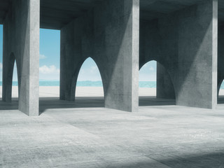 Concrete corridor,Abstract structure,Product showcase background with The sea background.3D rendering